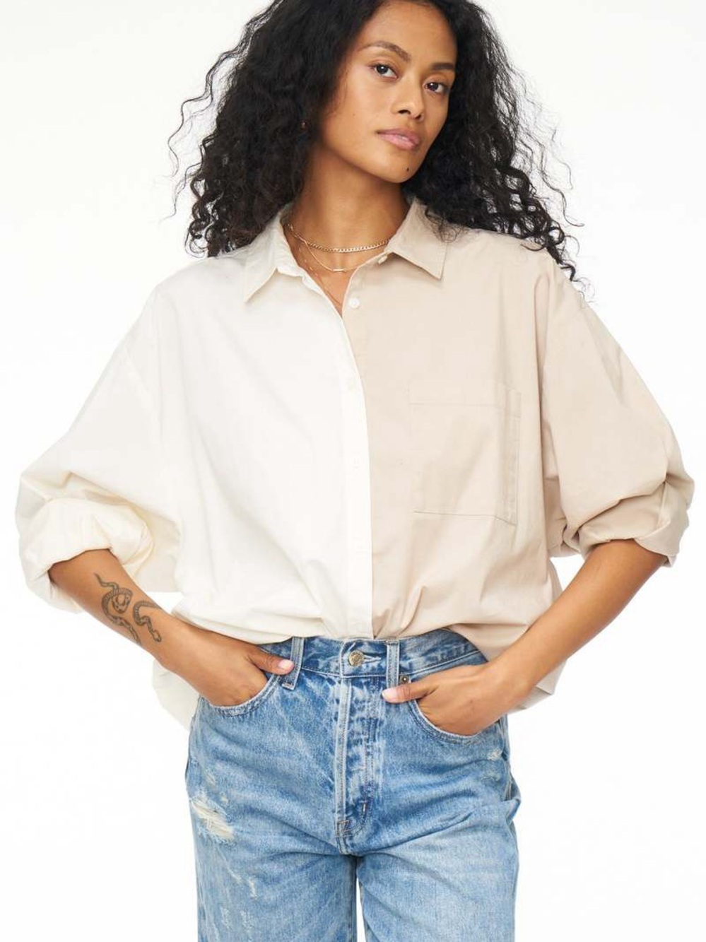 Pistola Sloane Split Color Button Down Shirt Large Oversized Cotton NWOT